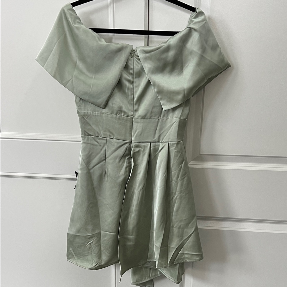 Lulu's Sage Green Off-Shoulder Asymmetrical Satin Dress - Picture 3 of 5